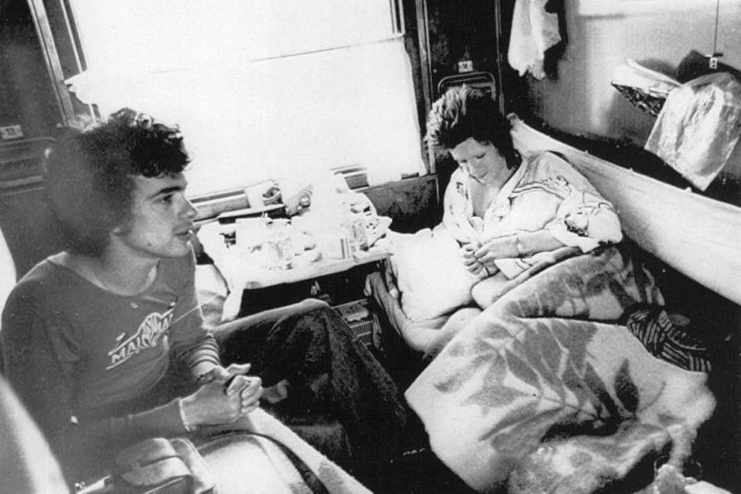 Archival photograph of a sleeper cabin on the Trans-Siberian Railway.