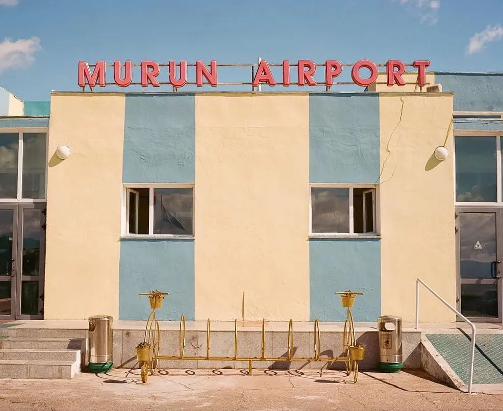 Murun Airport terminal, noted for its mid-century aesthetic by Accidentally Wes Anderson.