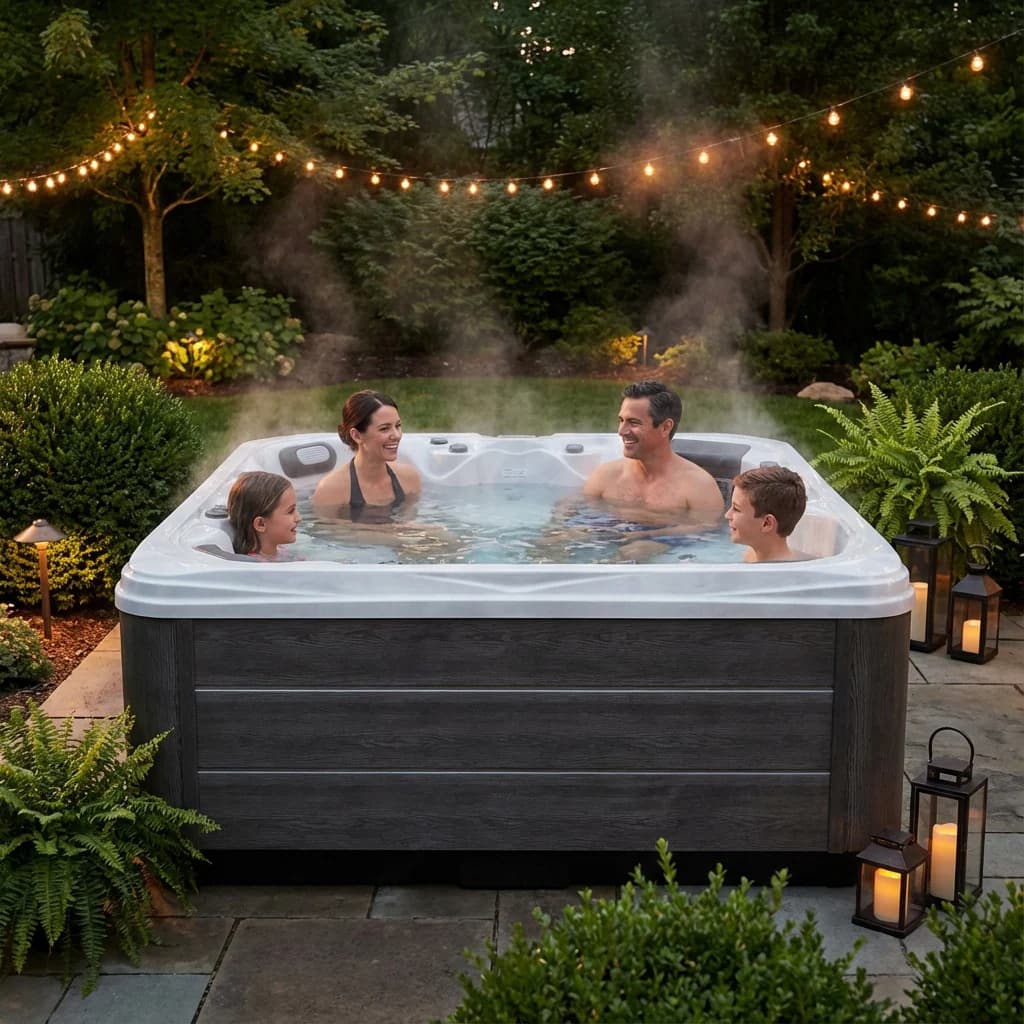 Guests enjoying the lakeside hot pool together